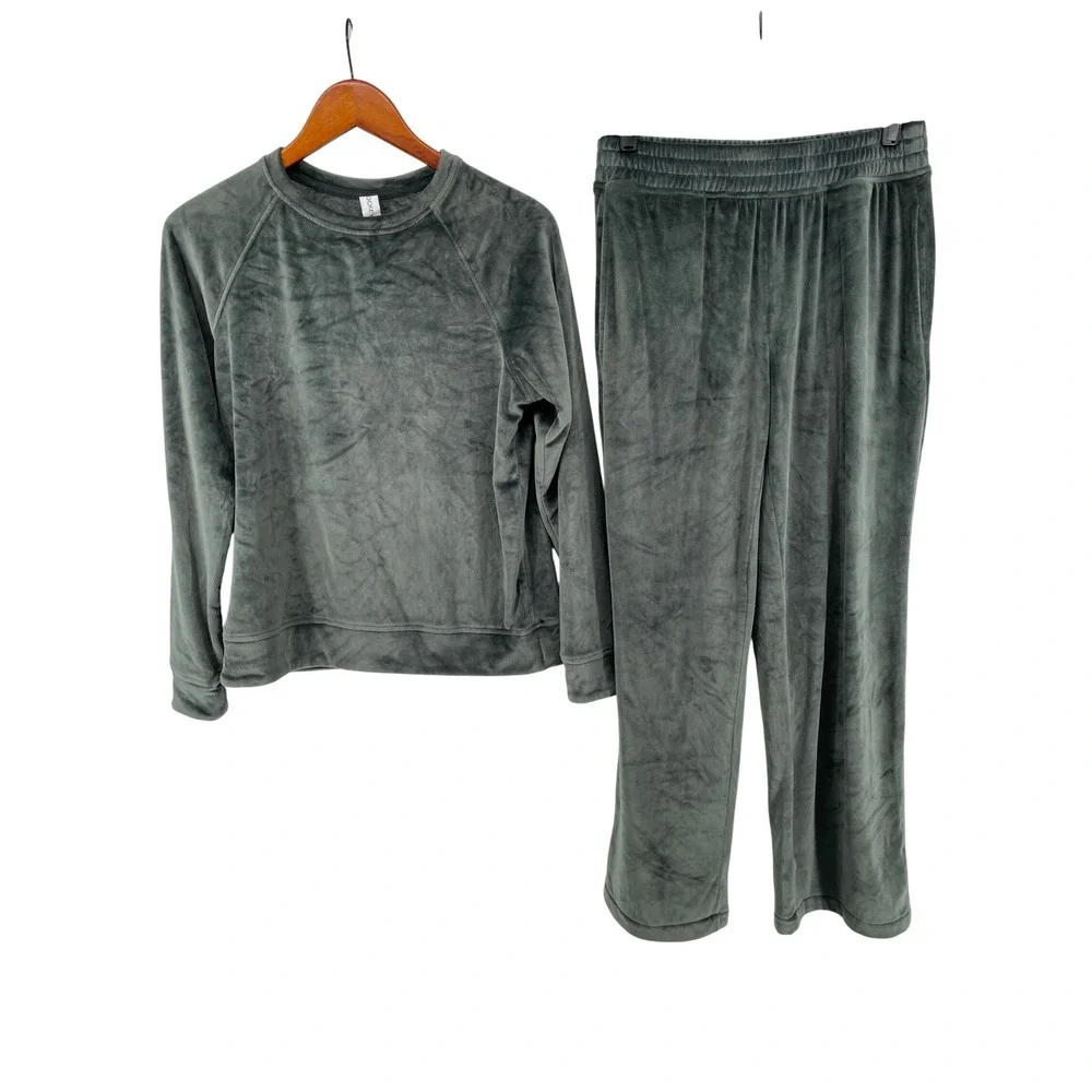 Velour Tracksuit Women Small Green Plush Crewneck Wide Leg Loungewear Set